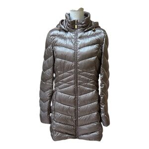 Ellen Tracy Metallic Taupe Hooded Chevron Duck Down Puffer Packable  Zip Coat Lg